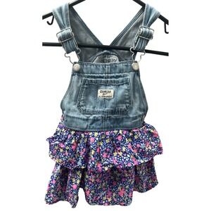 Oshkosh Overall Dress Toddler Girls 2T Vestbak Denim Tiered Skirt Floral